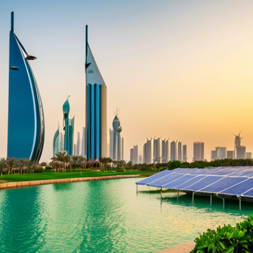 Home 7 A vibrant, futuristic cityscape of Kuwait at dawn, showcasing sleek, modern skyscrapers integrated with lush green spaces and advanced renewable energy infrastructure like large solar farms. In the foreground, subtle elements of Kuwaiti heritage such as a traditional dhow sailing in calm waters, symbolizing the blend of tradition and future prosperity, embodying "New Kuwait