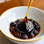A close-up, top-down view of a traditional ceramic bowl filled with golden-brown Luqaimat, generously drizzled with dark, glossy date syrup. Some individual saffron threads are visible on the syrup. The Luqaimat are perfectly round, with a crispy exterior and a hint of soft, airy interior. The background is softly blurred, suggesting a warm, inviting Kuwaiti home setting with subtle traditional decor. Professional food photography, natural studio lighting, high resolution, sharp focus, vibrant colors, mouth-watering appeal, safe for work, appropriate content, fully clothed, family-friendly.