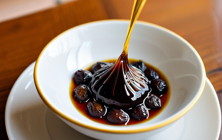 A close-up, top-down view of a traditional ceramic bowl filled with golden-brown Luqaimat, generously drizzled with dark, glossy date syrup. Some individual saffron threads are visible on the syrup. The Luqaimat are perfectly round, with a crispy exterior and a hint of soft, airy interior. The background is softly blurred, suggesting a warm, inviting Kuwaiti home setting with subtle traditional decor. Professional food photography, natural studio lighting, high resolution, sharp focus, vibrant colors, mouth-watering appeal, safe for work, appropriate content, fully clothed, family-friendly.