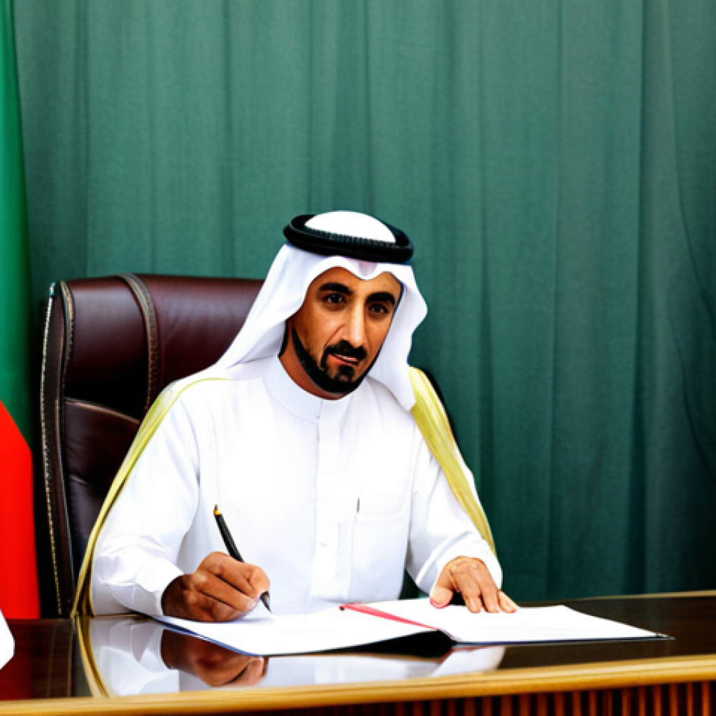 **

"A dignified Sheikh Abdullah Al-Salem Al-Sabah in traditional Kuwaiti clothing, fully clothed, signing a document at a formal table with British officials present. Background shows the Kuwaiti flag and the British flag subtly displayed. Professional setting, appropriate attire, safe for work, historical accuracy, perfect anatomy, well-formed hands, natural pose, professional, modest."

**