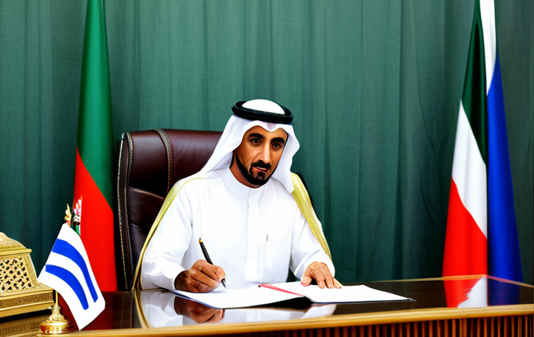 **

"A dignified Sheikh Abdullah Al-Salem Al-Sabah in traditional Kuwaiti clothing, fully clothed, signing a document at a formal table with British officials present. Background shows the Kuwaiti flag and the British flag subtly displayed. Professional setting, appropriate attire, safe for work, historical accuracy, perfect anatomy, well-formed hands, natural pose, professional, modest."

**