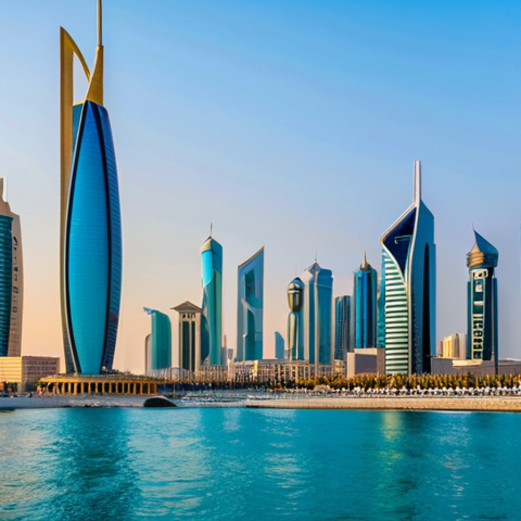 Modern Kuwait City Skyline**

"A panoramic view of Kuwait City's modern skyline at sunset, featuring gleaming skyscrapers and modern architectural designs, fully clothed pedestrians strolling along a clean, well-lit waterfront promenade, appropriate attire, safe for work, professional cityscape photography, clear sky, perfect composition, vibrant colors, showcasing economic growth and progress, professional."

**