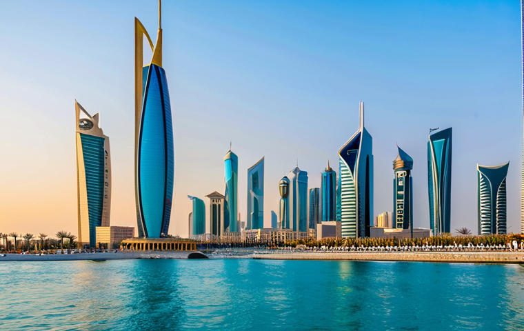 Modern Kuwait City Skyline**

"A panoramic view of Kuwait City's modern skyline at sunset, featuring gleaming skyscrapers and modern architectural designs, fully clothed pedestrians strolling along a clean, well-lit waterfront promenade, appropriate attire, safe for work, professional cityscape photography, clear sky, perfect composition, vibrant colors, showcasing economic growth and progress, professional."

**