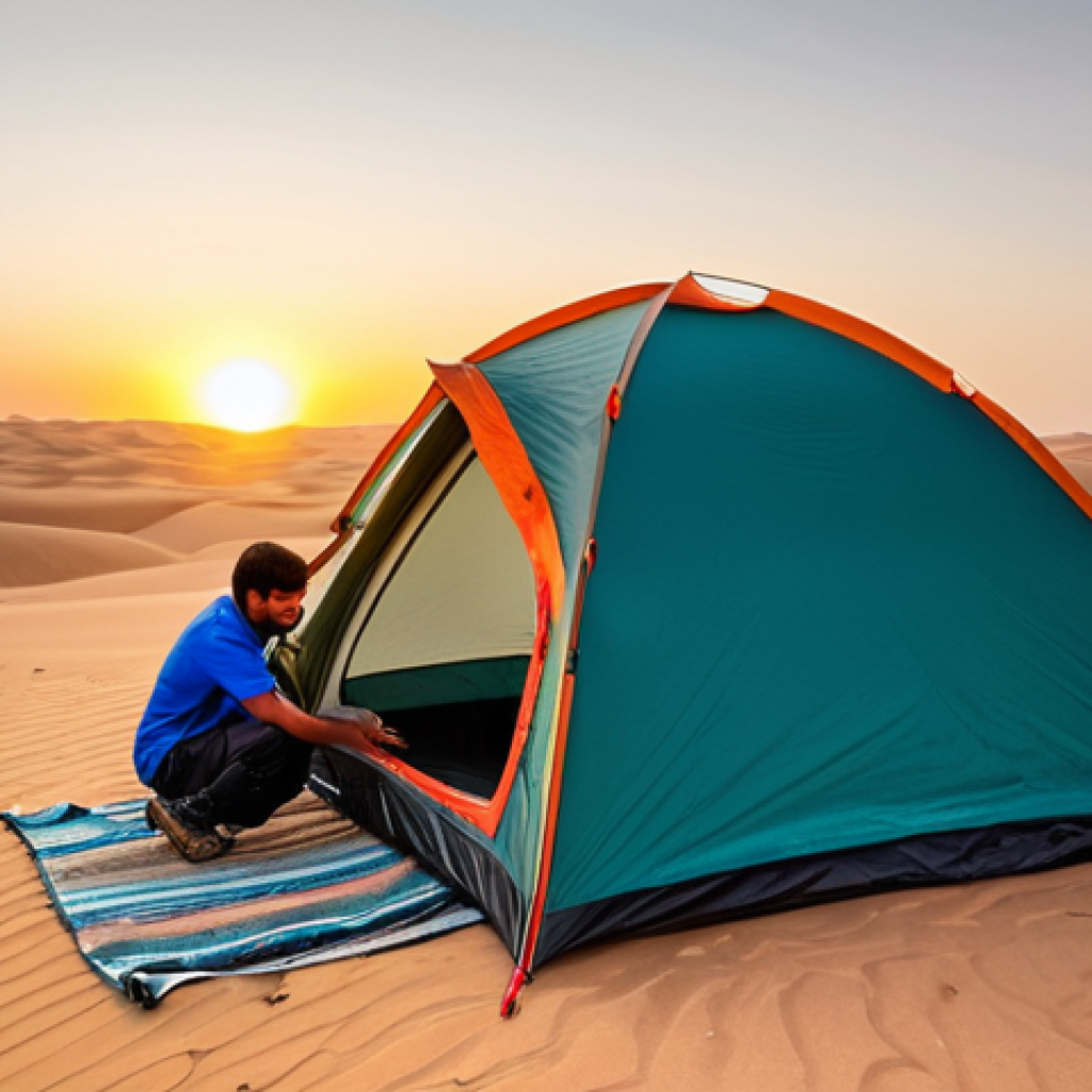 쿠웨이트 사막 캠핑 준비물 - Setting up camp at sunset**

"A fully clothed camper setting up a dome tent in the Kuwaiti desert at...