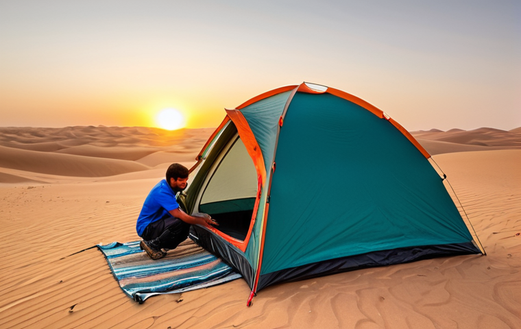 쿠웨이트 사막 캠핑 준비물 - Setting up camp at sunset**

"A fully clothed camper setting up a dome tent in the Kuwaiti desert at...