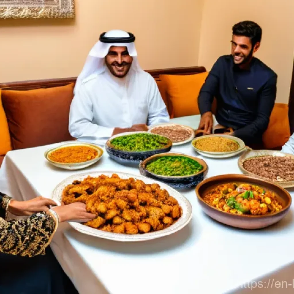 쿠웨이트 대표 요리 마치부스 - **Prompt:** A heartwarming scene of a Kuwaiti family, including a grandmother, parents, and children...