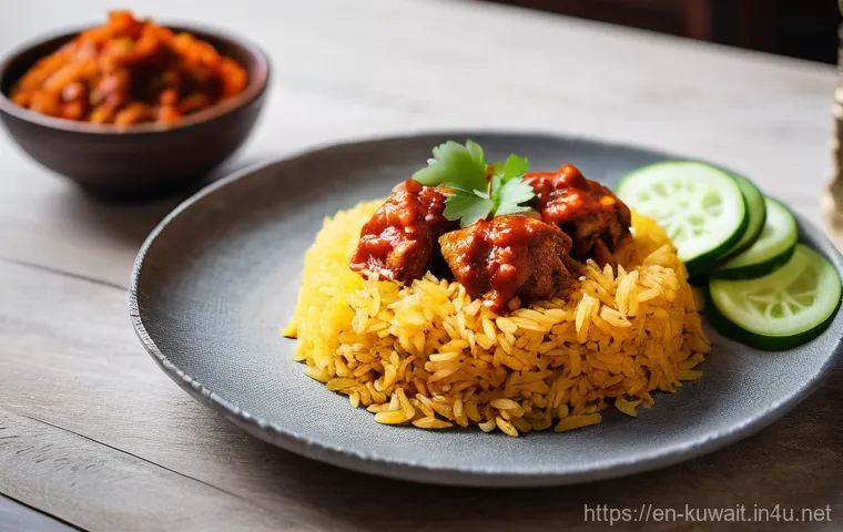 쿠웨이트 대표 요리 마치부스 - **Prompt:** A close-up, dynamic shot capturing the essence of Machboos preparation in a clean, well-...