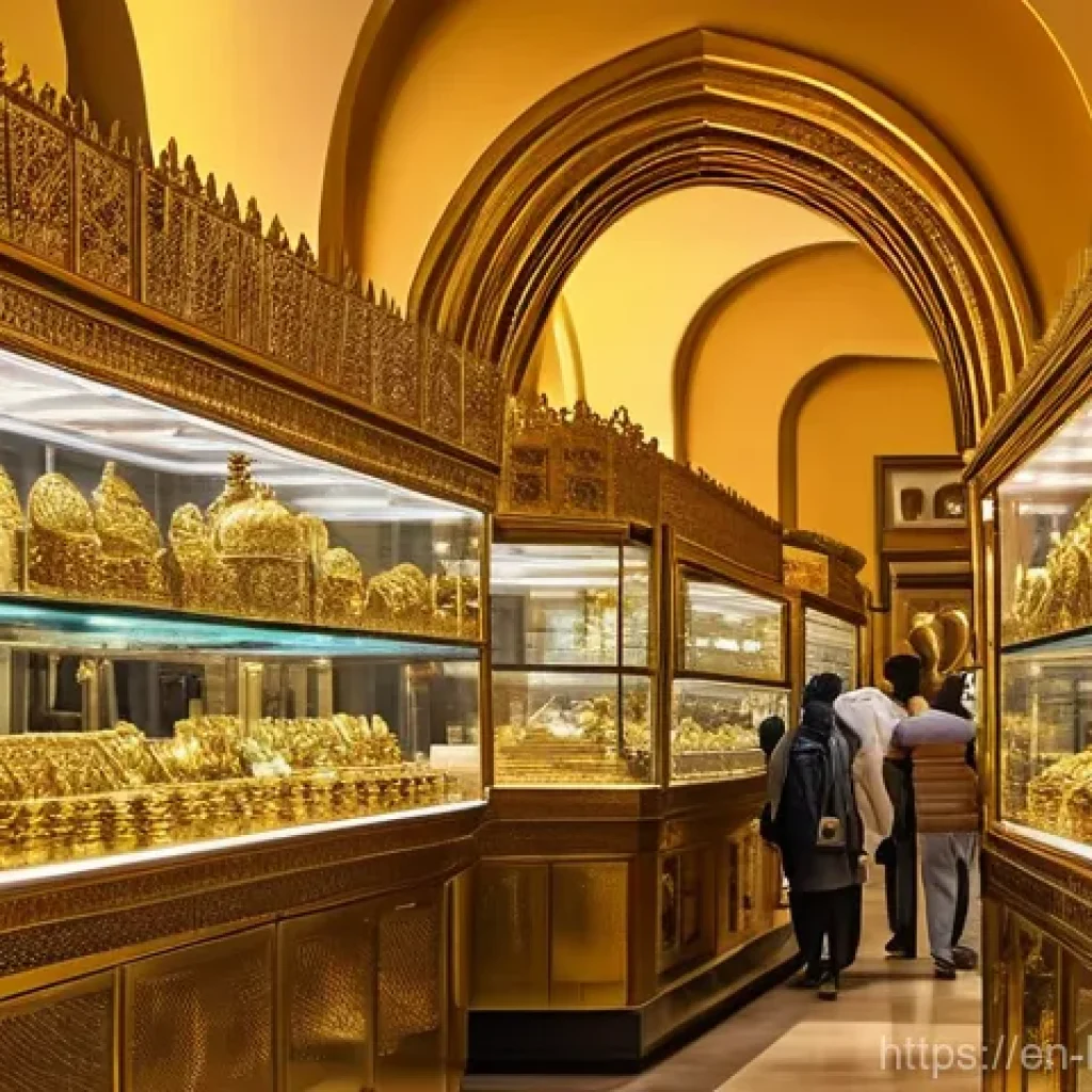 쿠웨이트에서 금 수공예품 쇼핑하기 - **Prompt:** A bustling, vibrant scene inside a Kuwaiti gold souq. The atmosphere is alive with the "...