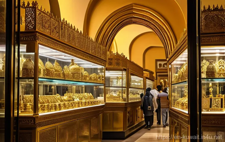 쿠웨이트에서 금 수공예품 쇼핑하기 - **Prompt:** A bustling, vibrant scene inside a Kuwaiti gold souq. The atmosphere is alive with the "...