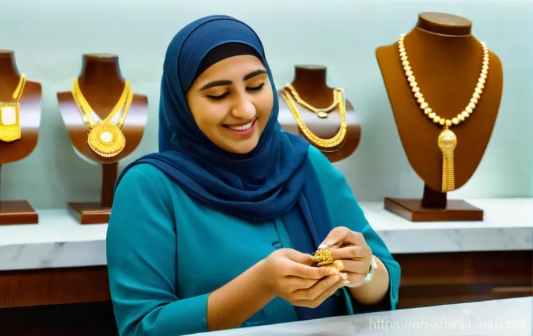 쿠웨이트에서 금 수공예품 쇼핑하기 - **Prompt:** A bustling, vibrant scene inside a Kuwaiti gold souq. The atmosphere is alive with the "...