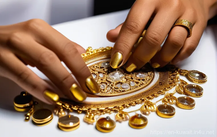 쿠웨이트에서 금 수공예품 쇼핑하기 - **Prompt:** A close-up shot capturing a moment of respectful negotiation in a Kuwaiti gold shop. A c...