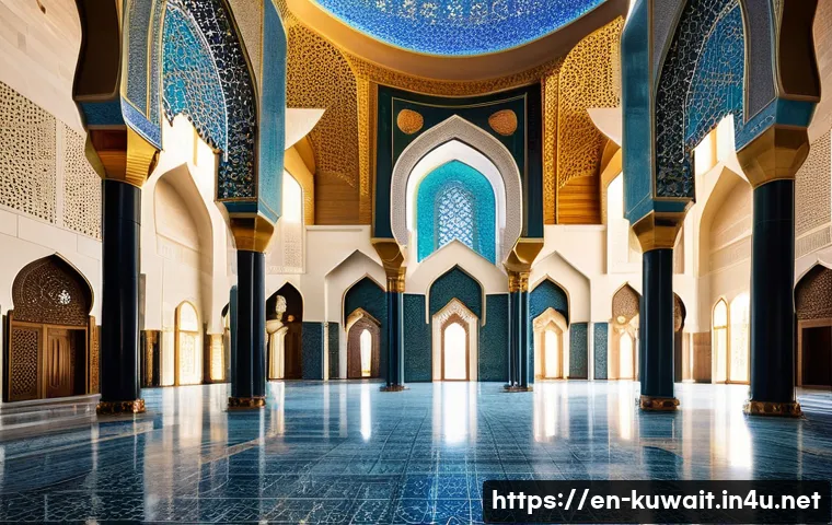 쿠웨이트 모스크 투어 - **Prompt:** "The majestic interior of Kuwait's Grand Mosque. The main prayer hall is vast and bright...