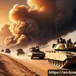 쿠웨이트와 이라크 전쟁 관계 - A highly detailed digital painting of a vast desert battlefield during the Gulf War, showcasing a la...