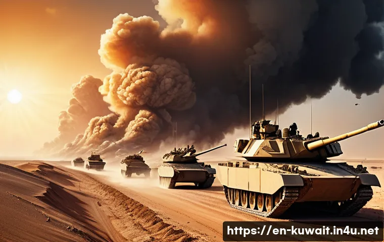 쿠웨이트와 이라크 전쟁 관계 - A highly detailed digital painting of a vast desert battlefield during the Gulf War, showcasing a la...