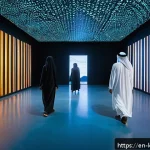 쿠웨이트 미술관 주요 전시 - A futuristic Kuwaiti art museum interior featuring immersive interactive installations with large di...