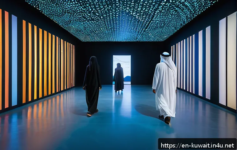 쿠웨이트 미술관 주요 전시 - A futuristic Kuwaiti art museum interior featuring immersive interactive installations with large di...