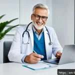 쿠웨이트 의료 시스템 - A modern telemedicine consultation scene set in a bright, clean home office where a middle-aged man ...