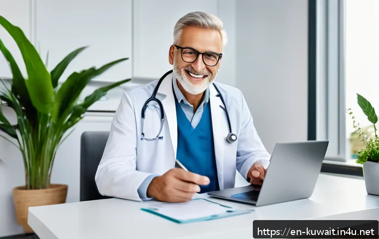 쿠웨이트 의료 시스템 - A modern telemedicine consultation scene set in a bright, clean home office where a middle-aged man ...