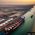쿠웨이트 원유 수출국으로서의 위치 - A detailed aerial view of Kuwait’s oil export infrastructure at sunset, featuring large oil tankers ...