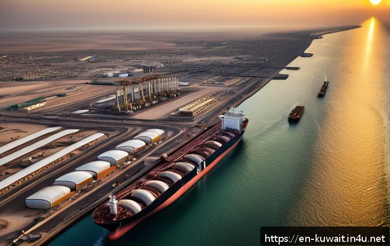 쿠웨이트 원유 수출국으로서의 위치 - A detailed aerial view of Kuwait’s oil export infrastructure at sunset, featuring large oil tankers ...