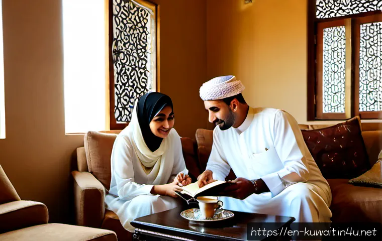 Home 17 쿠웨이트 남성의 전통 역할 - Photorealistic Kuwaiti father in a crisp white dishdasha and ghutra seated with his family in a brig...