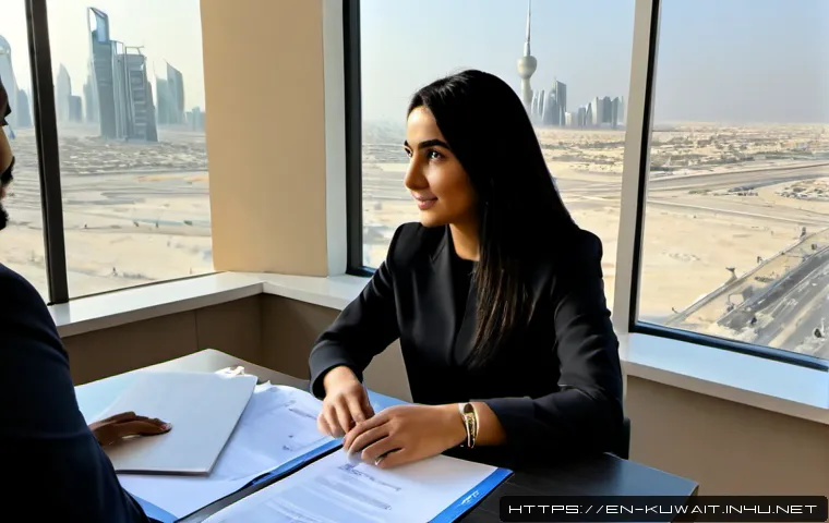 쿠웨이트로의 이민 요건 - Photorealistic immigration consultation in Kuwait City, a diverse expatriate couple seated across fr...