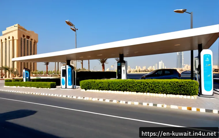 쿠웨이트 도심 내 전기차 충전소 - Photorealistic wide-angle view of a modern electric vehicle charging station in downtown Kuwait City...